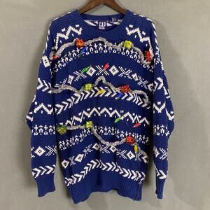 GAP Chunky Knit Holiday Light Up Sweater Ugly Christmas 1986-2016 Blue & White